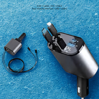 Chargeur Voiture 4 en 1 iOS + USB-C | Adaptateur Multifonction pour Téléphone